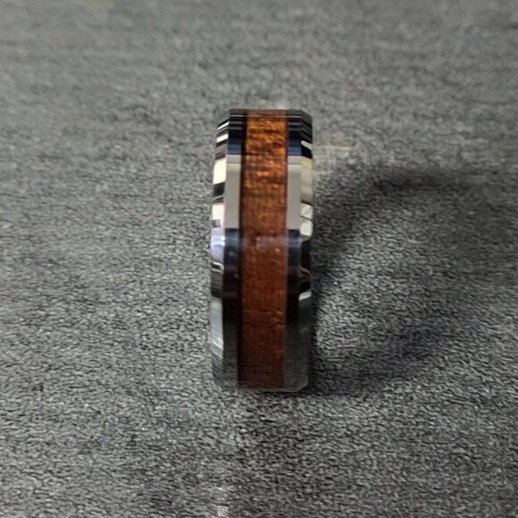 Men's Real Silver Tungsten Wedding Ring Whiskey Barrel Wood Inlay - Picture 5 of 10